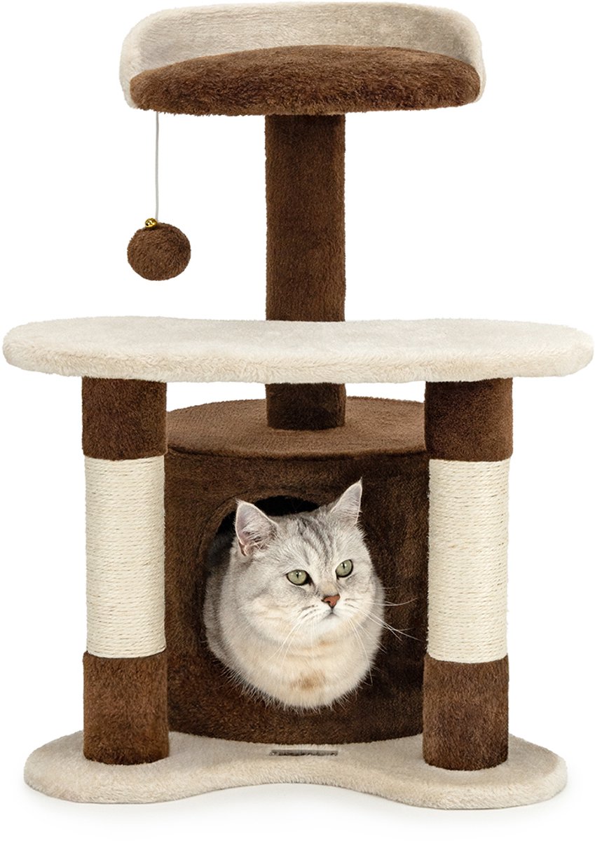 lionto kattenkrabpaal, knus huisje, sisal & speelbal, 65 cm bruin/beige