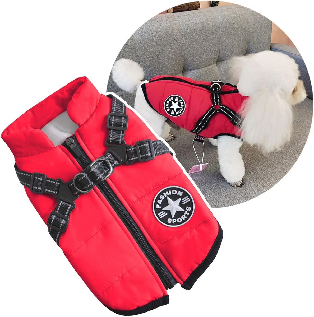 Warme winterjas voor honden met tuigje - Gewatteerd vest voor kleine honden en katten