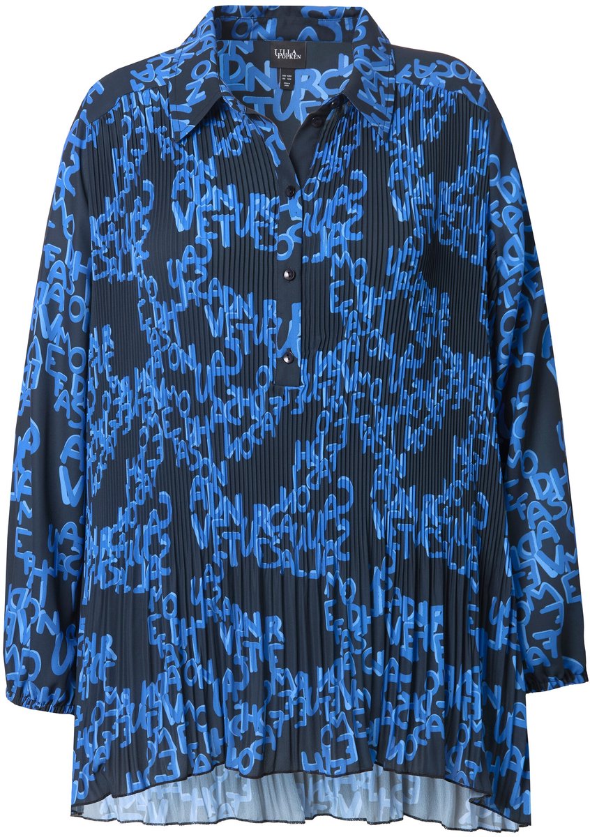 Ulla Popken - Dames - Geplooide blouse opschrift A-lijn overhemdkraag - Marine - Maat 54+