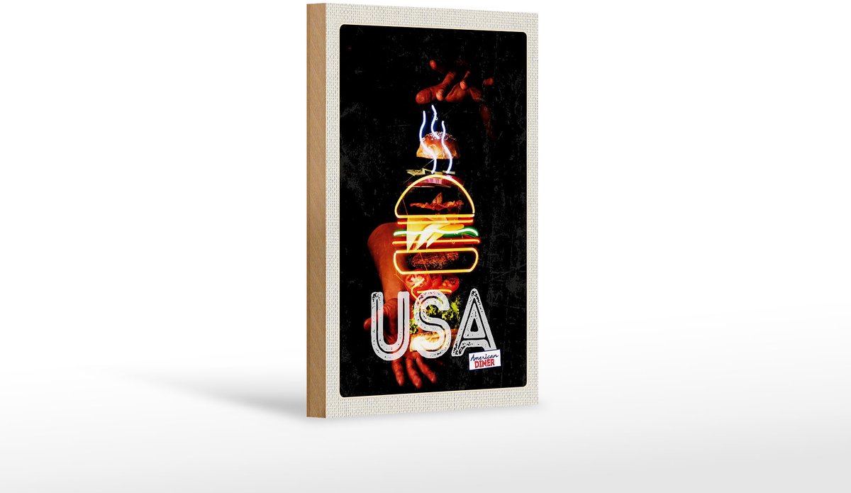 Femer Holzschild Reise 12x18 cm Amerika USA American Burger Gerichte