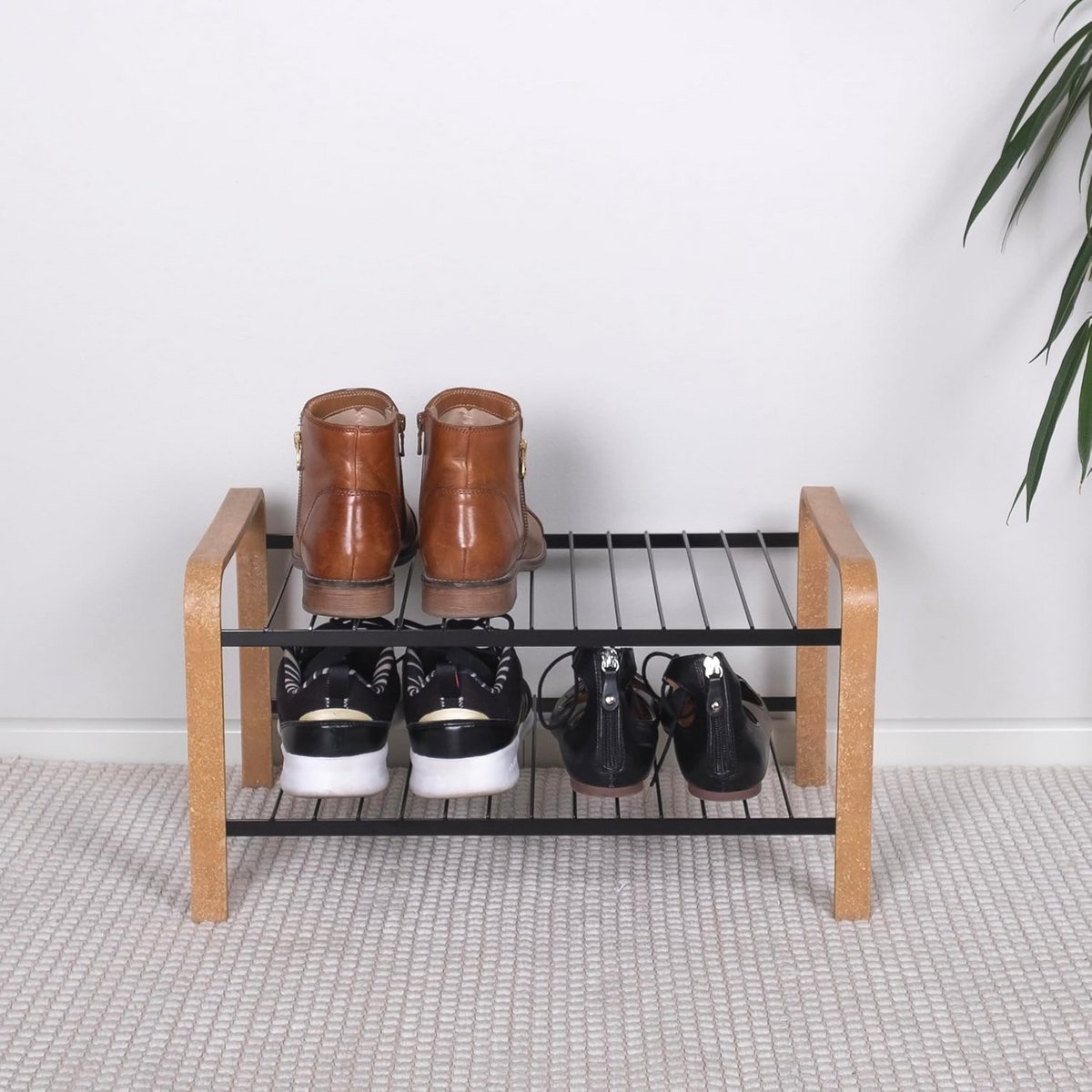 Ruimtebesparende Schoenenrek voor Hal met 2 Niveaus - Zwart Hout