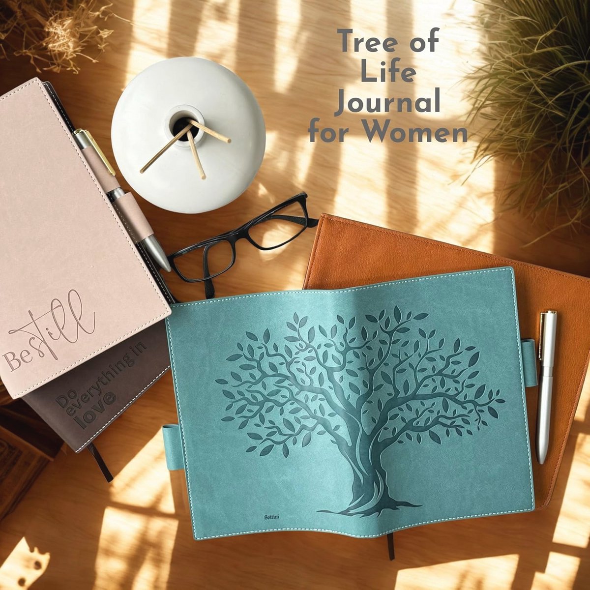 Hervulbaar dagboek met dubbele pennenhouder en luxe pen - 256 pagina's gelinieerd papier - groenblauw met levensboom — cadeau in Kalenders & Planners - foto 5