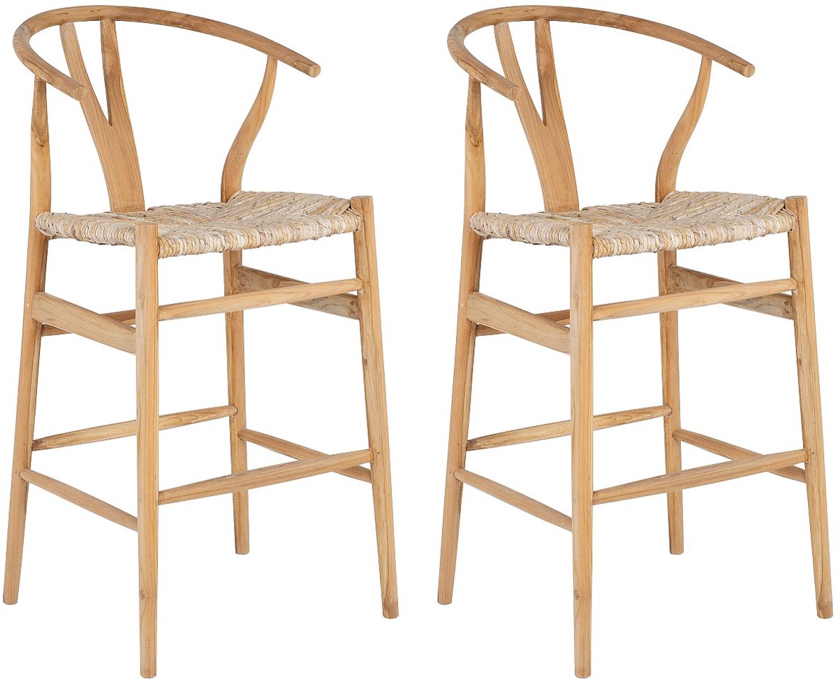 Vente-unique Set van 2 barkrukken in teak en stro - Naturel - POGIANA