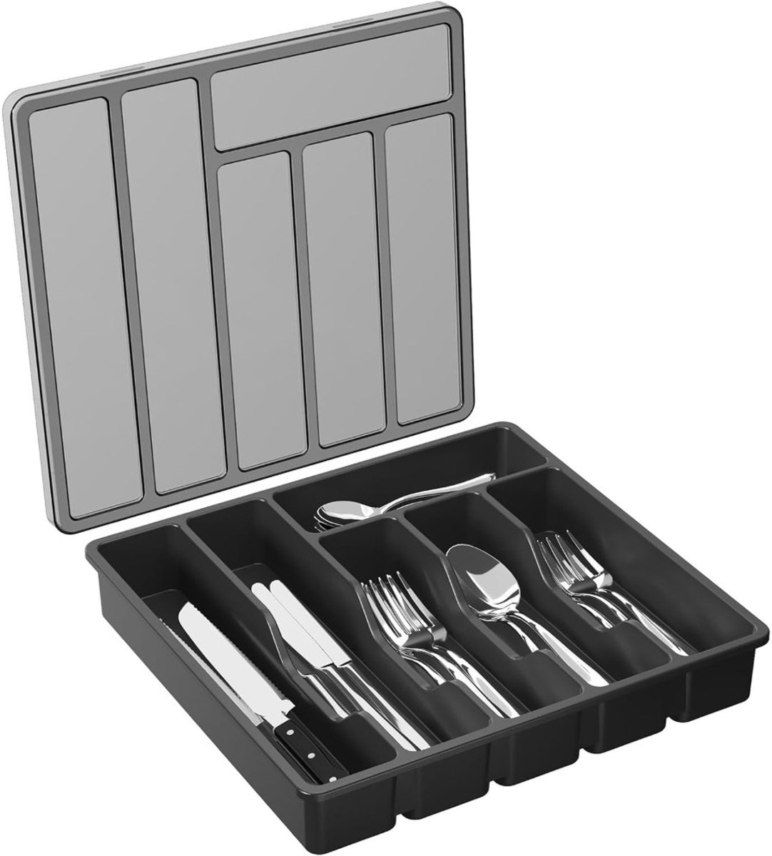 Bestekorganizer met Deksel - 6 vakken voor Mes, Vork, Lepel, Zwart, Voedselveilig PP (32x30x5.4 cm) - Stofvrij en Geschikt voor Keukenla, Aanrecht, Picknick, Camping en RV