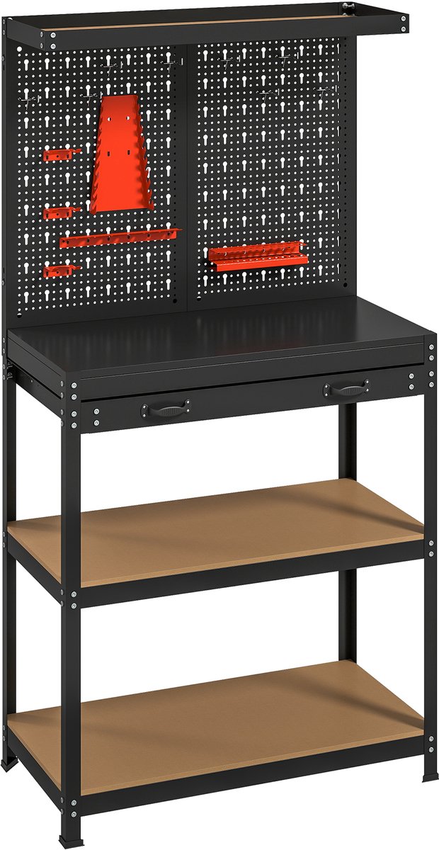 Werkbank met perforatiebord, haken en lade 40x80x155 cm - Zwart