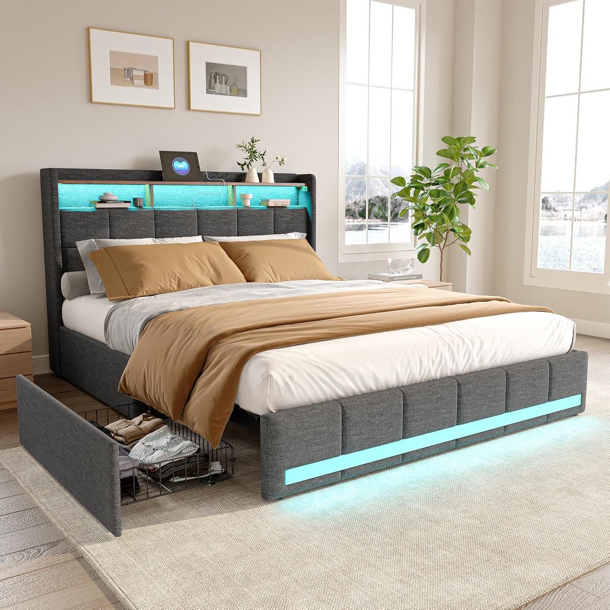 Gestoffeerd Tweepersoonsbed (140x200 cm) met Opbergruimte, LED Hoofdbord & USB Oplaadpunt