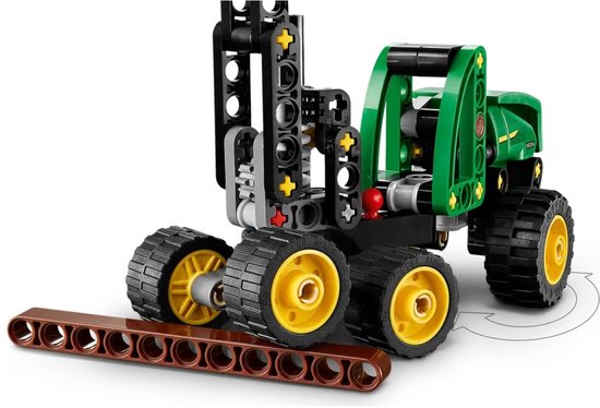 LEGO Technic John Deere 1470H bosbouwmachine, groen, zwart met gele wielen en stam.