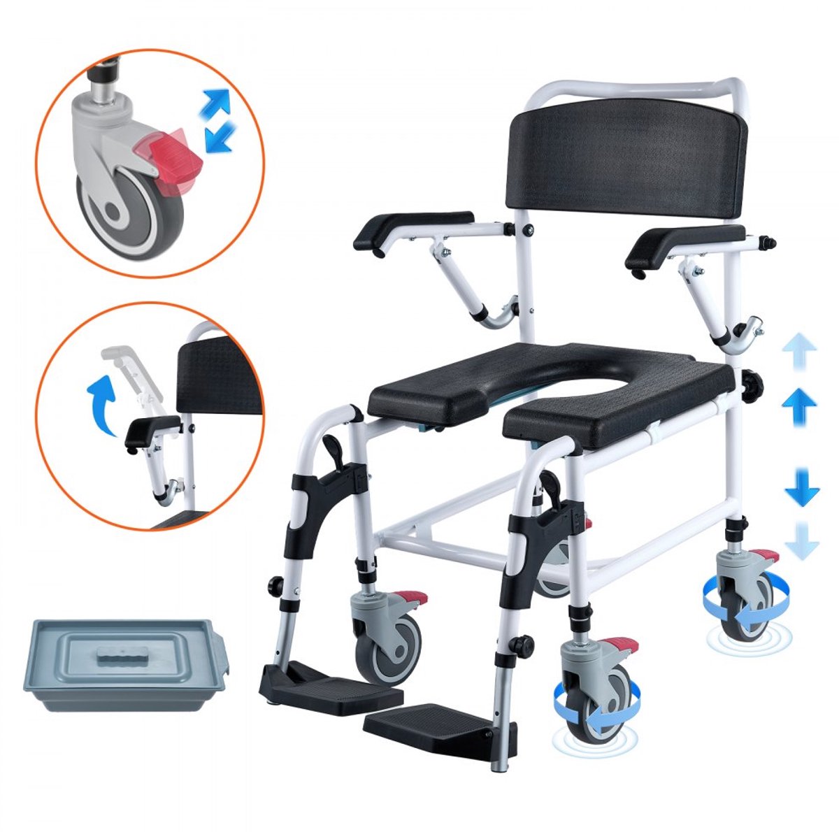 Douche- en toiletrolstoel - Commode rolstoel - 4 Remwielen - Opklapbare Armleuningen - Voetsteunen - Hoogteverstelbaar (3 standen) - Uitneembare Emmer 5 l - Draagvermogen 158,8 kg
