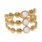 Aramat Jewels | Ringen | Brede Verstelbare Ring met 3 Emaille Cirkels - Goudkleurig RVS | Wit | |15mm | Staal | Volwassenen | Verkleurd niet