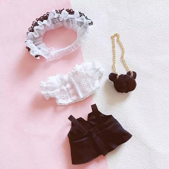 Pluche Pop Kleding Set met Hoofddeksels, Wit Shirt, Zwarte Rok en Rugzak voor 20 cm Pluche Pop van Merkloos — afbeelding 4