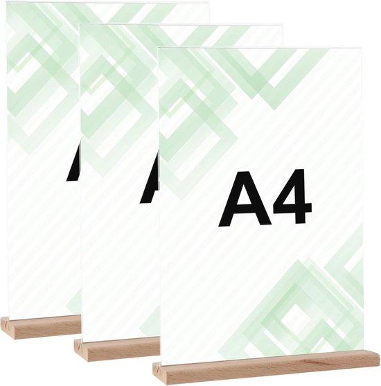 Thboxes 2 stuks tafelstandaard, A4, transparant, prijskaarten, standaard, acryl met houten voet, verticale L-standaard, dubbelzijdige tafelstandaard voor menukaarten, brochures, reclame, restaurant