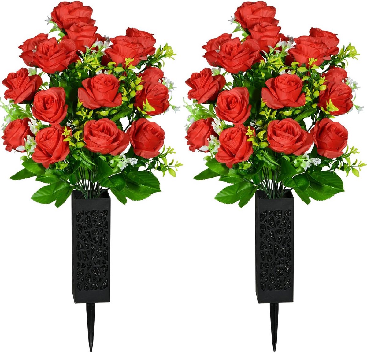 2x Rode Kunst Rozen Grafbloemen met Steekvaas voor Begraafplaats en Grafmonument