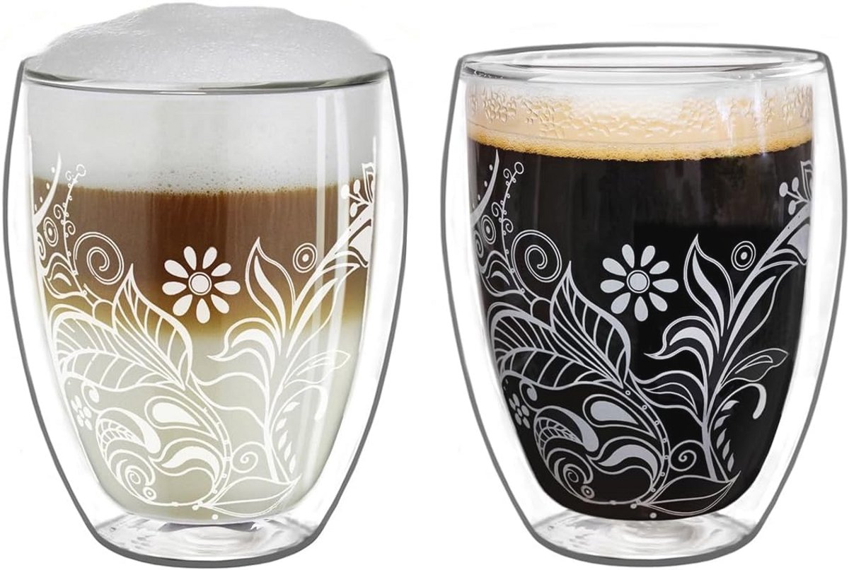 Dubbelwandige glazen 250 ml - Thermoglas set van 2 met decoratie