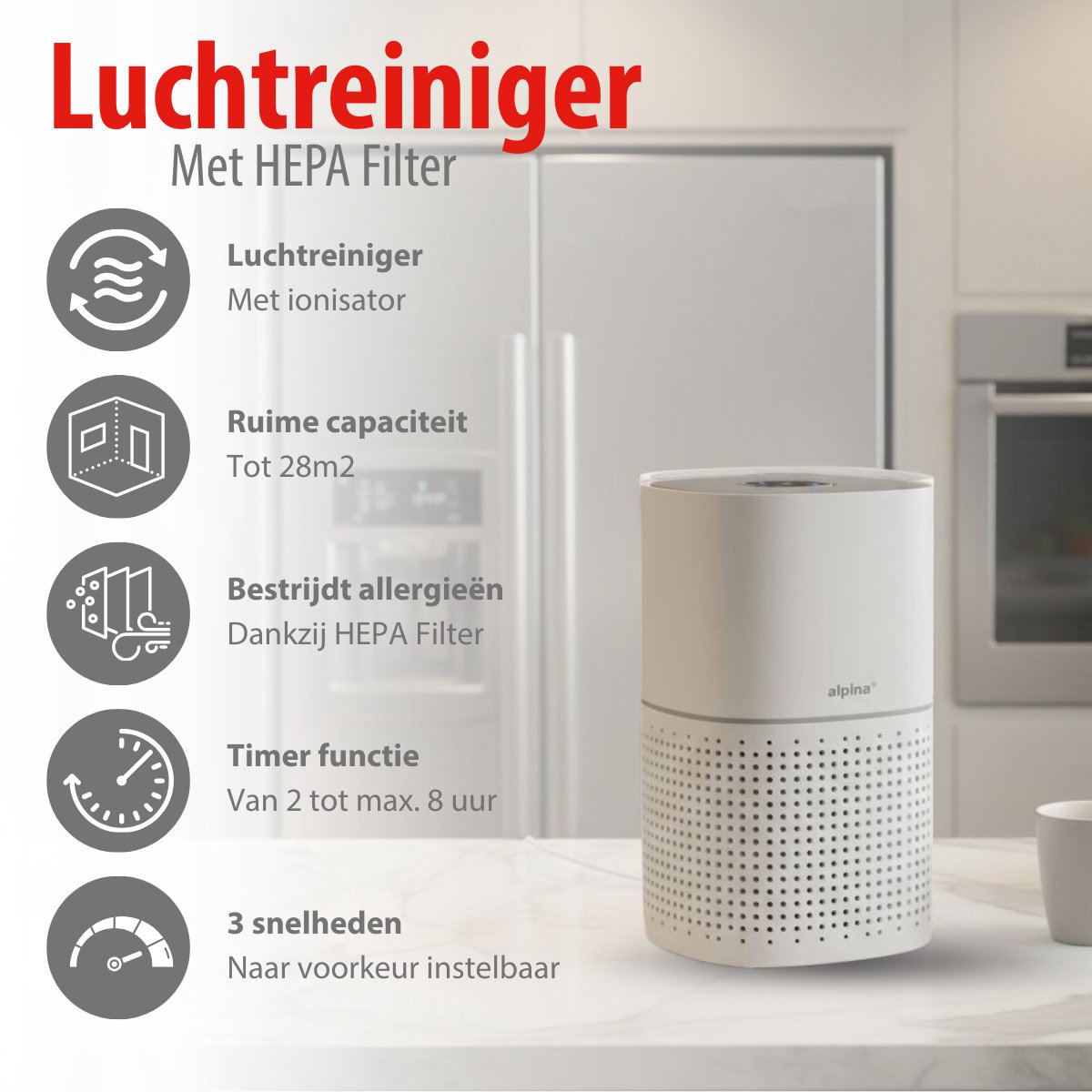alpina Luchtreiniger met Ionisator - Air Purifier met HEPA Filter H11 - CADR: 240 m³/h - Air Cleaner voor Ruimtes tot 28 m² — afbeelding 2