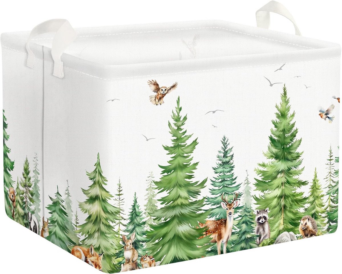 Grote berkenbos herten uil groene plank mand met handvat - Inklapbare rechthoekige opbergmand voor speelgoed en kleding