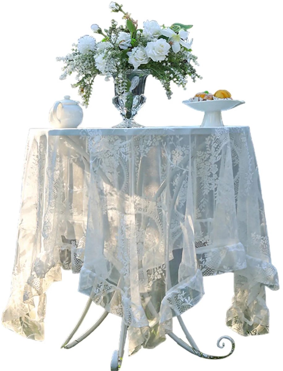 Kanten tafelkleed met ruches, vintage stijl, wit, 140x140 cm