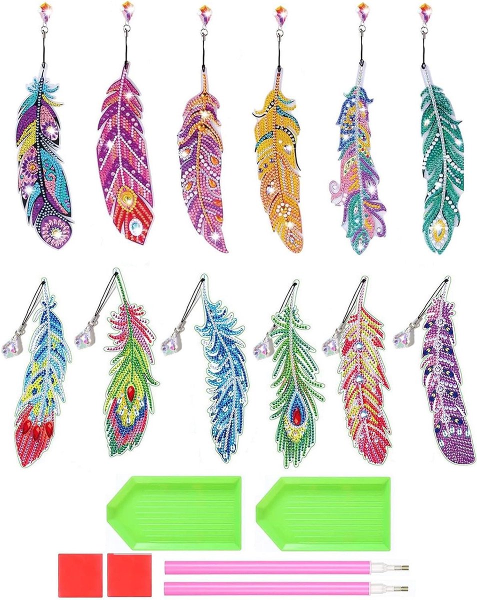 Allecta - Diamond Painting Set 5D Bladwijzers - Veer Hanger - DIY Handwerk - 12 Stuks