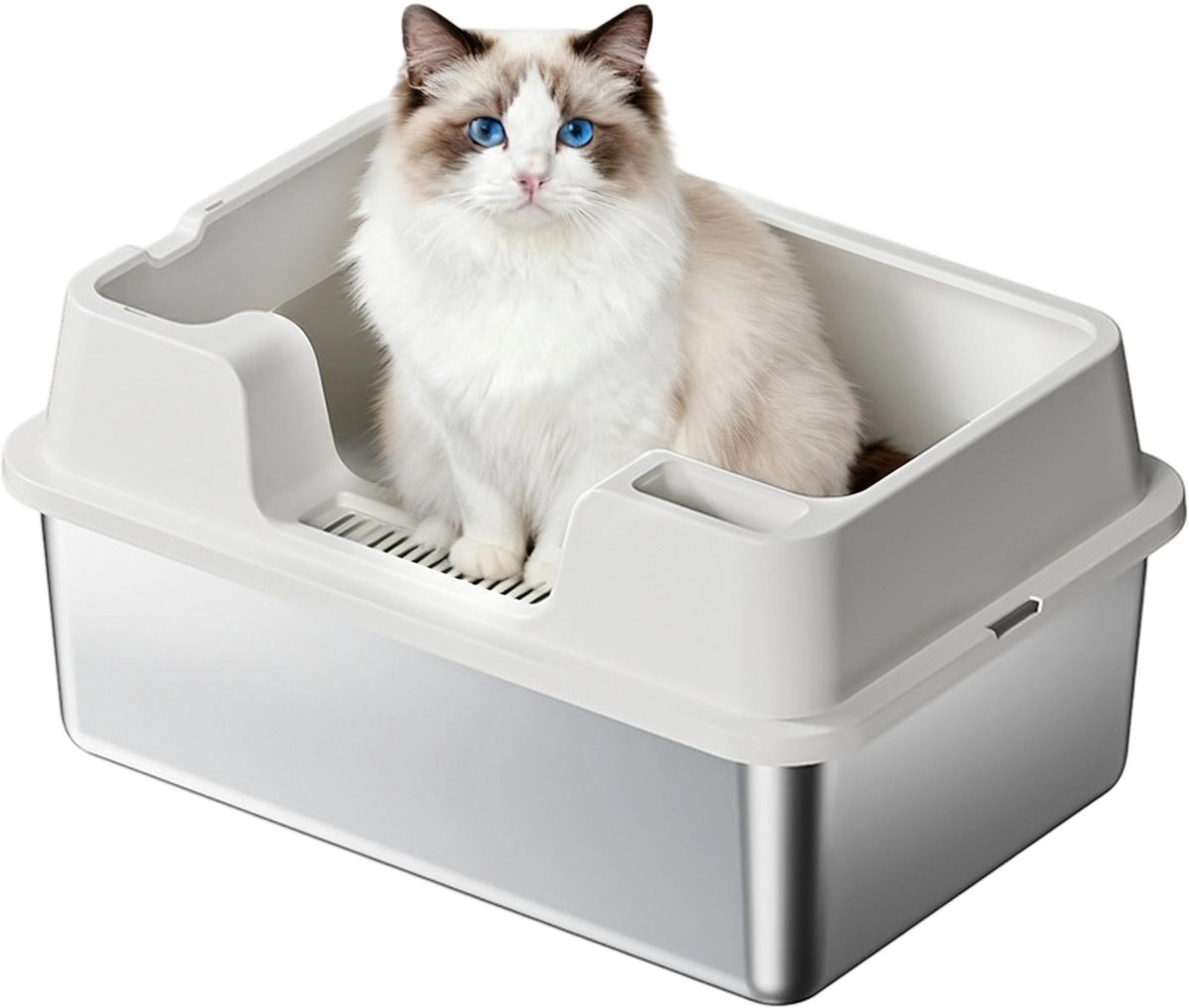 RVS Kattenbak - Kattentoilet Roestvrijstaal - Open Kattenbak - Incl. Kattenbakschep met Houder en Gritopvang Opstapje - 60x35x27cm - wit