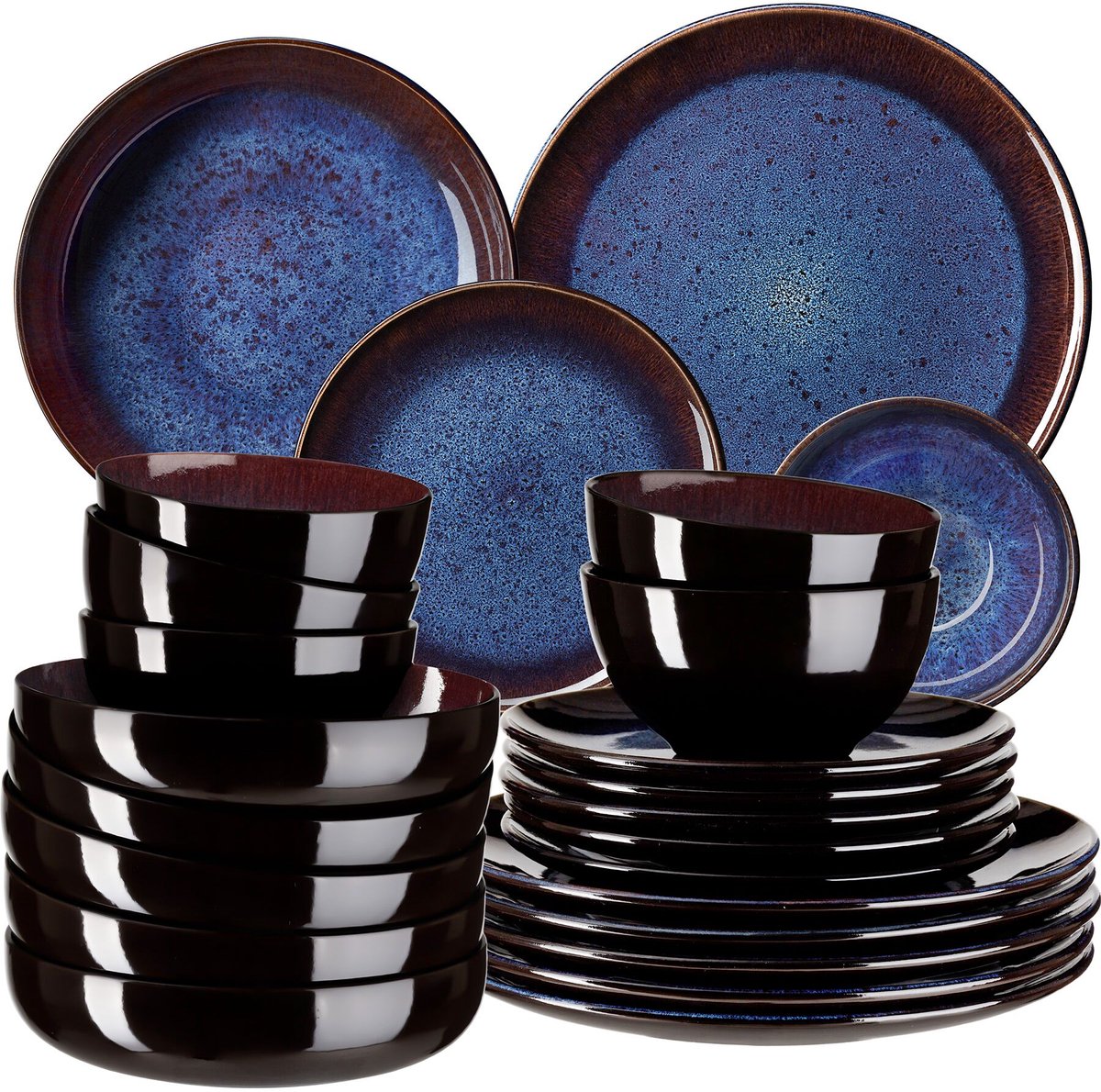 tectake® Serviesset Mare, 24-delig, Aardewerk met Glanzend Glazuur, 6 Persoons, Handgemaakt Servies, Moderne Bordenset met Borden, Kommen, Schaaltjes, Vaatwasser- en Magnetronbestendig, Blauw, Bruin