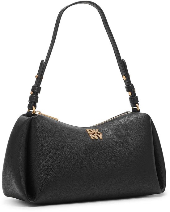 Zwarte DKNY schoudertas met gouden 'DKNY' logo, schuin van voren gefotografeerd.