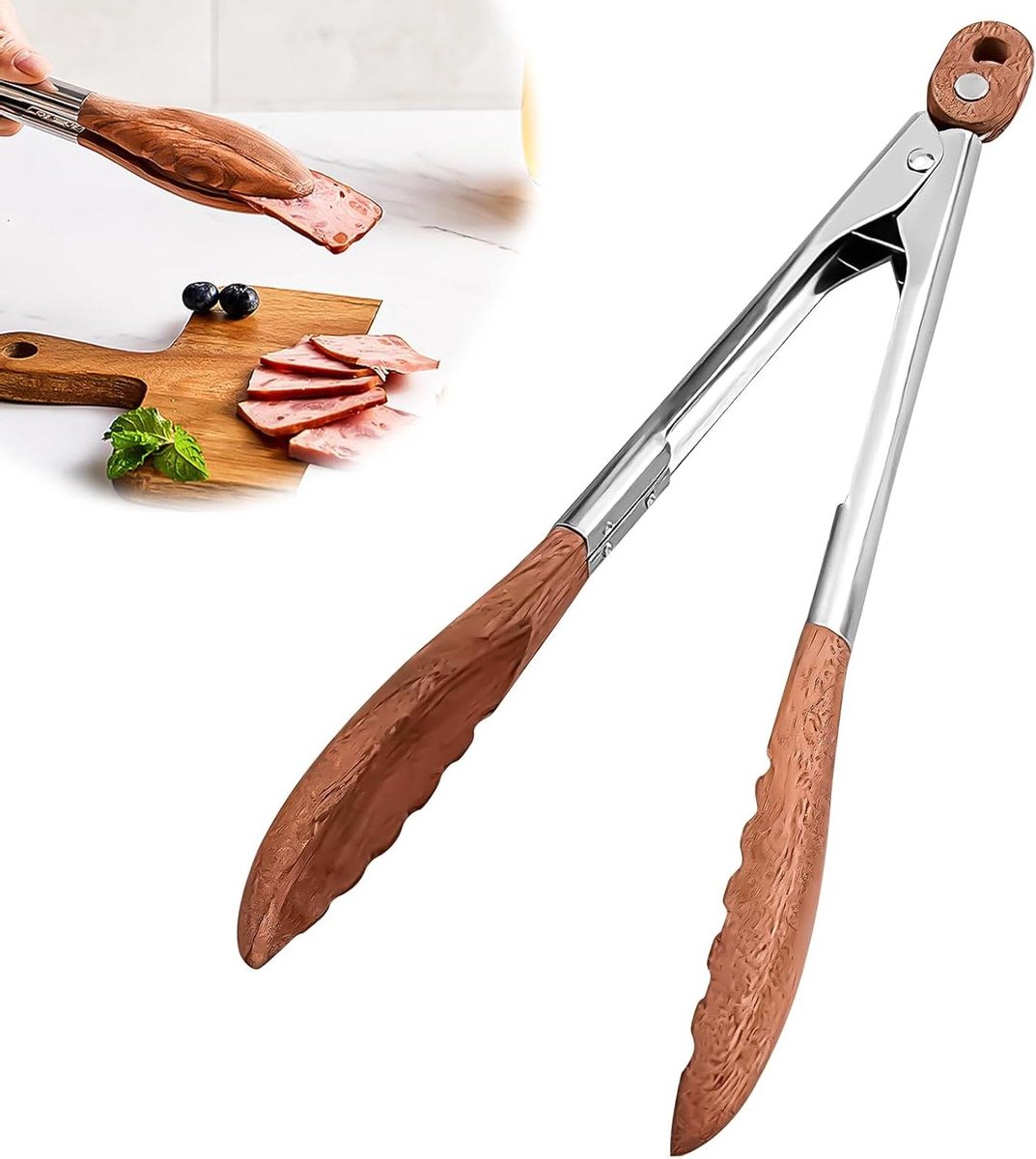 Allecta - Kooktang van hout en roestvrij staal voor BBQ en salade - Premium keukentang - Natuurlijk walnoothout