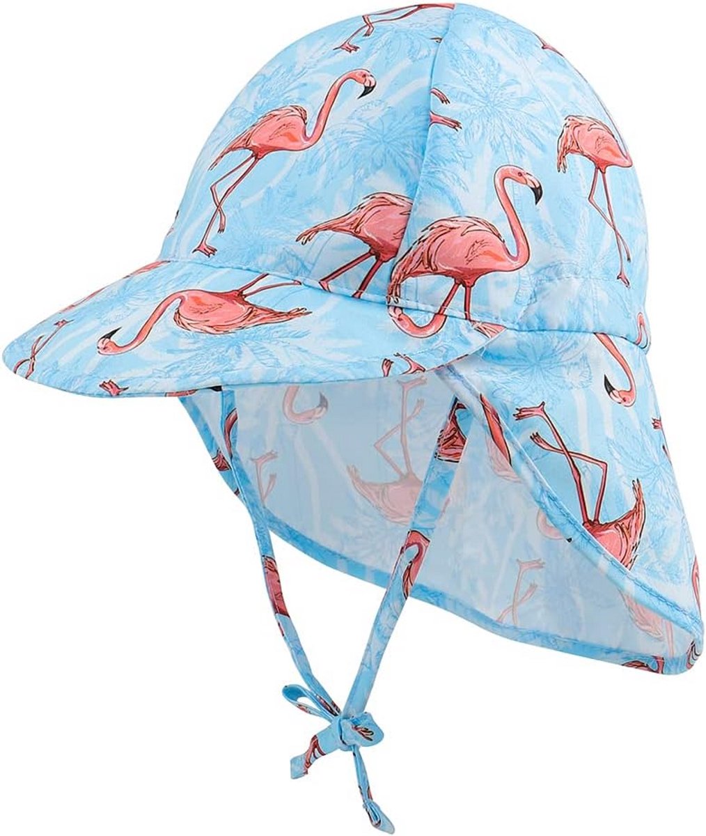 Zonnehoed Baby met Nekbescherming en Bandjes – Zomerpet voor Peuters (Blauwe Flamingo)