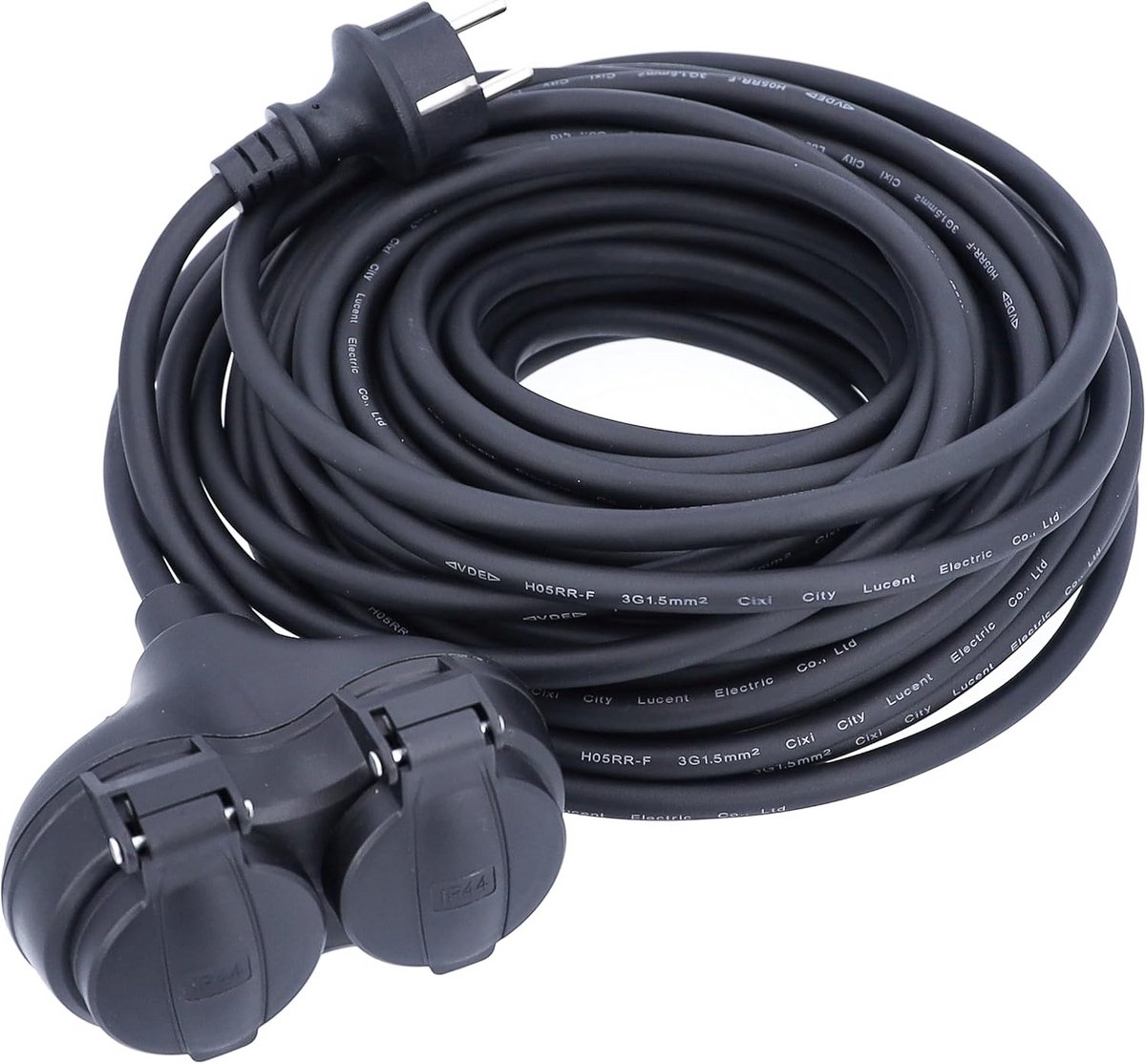 Verlengsnoer Rubber - Stroomkabel Koppeling - Buiten Gebruik - 2 Contacten IP44 - 10 Meter - Zwart