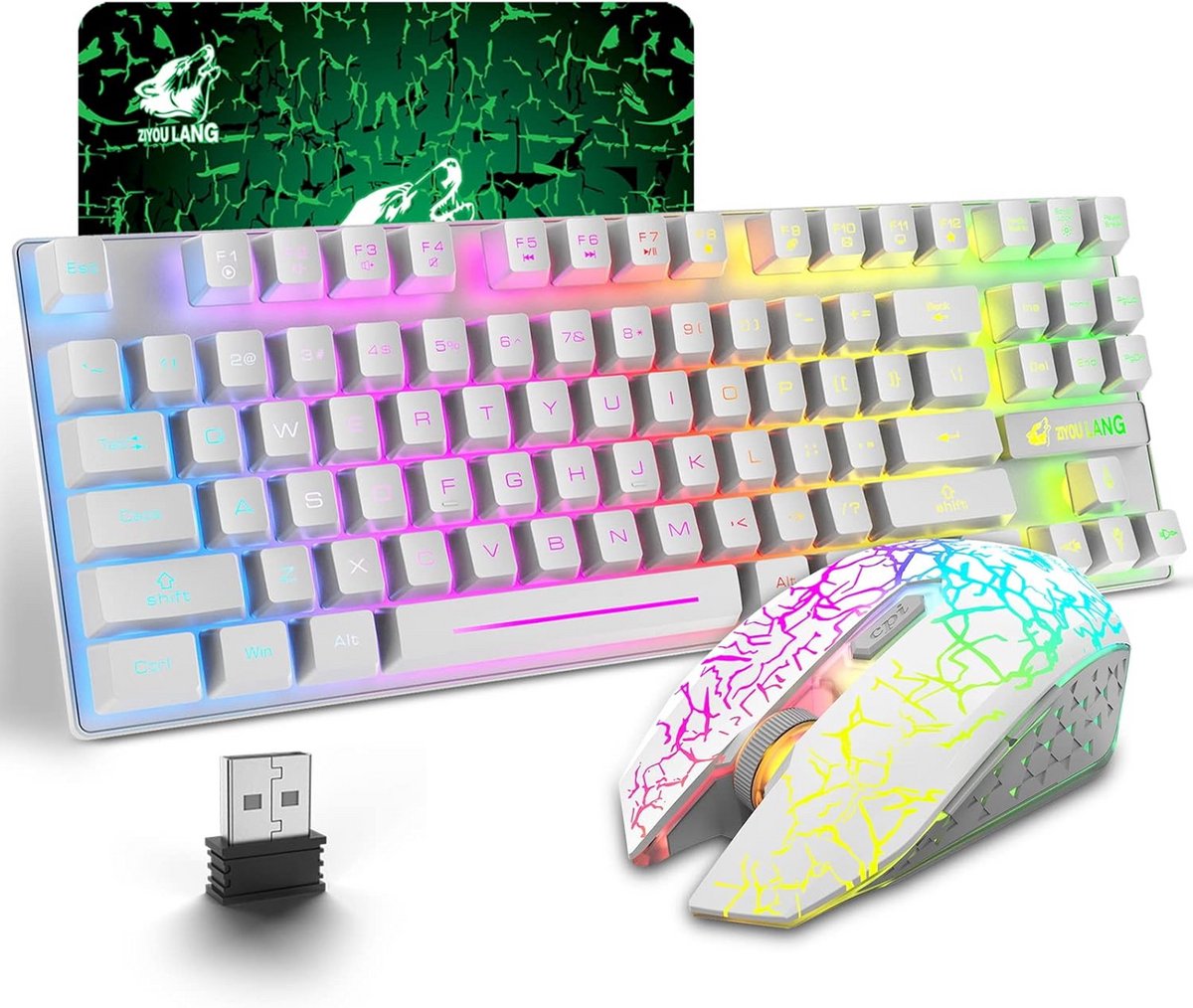 Draadloos Gaming Toetsenbord en Muis Set met Regenboog LED Verlichting en Oplaadbare Batterij