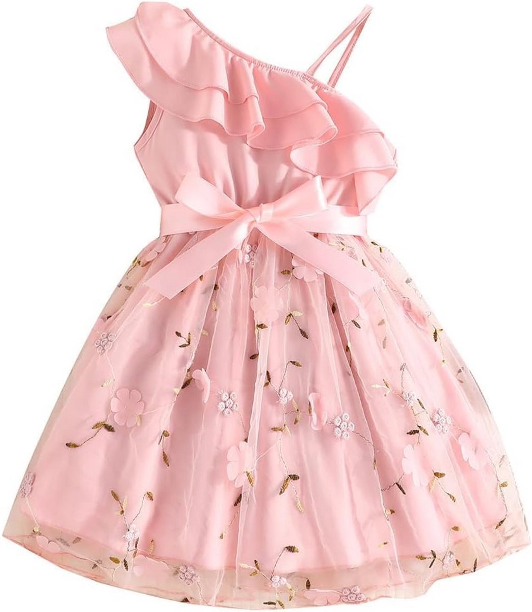Meisjes Jurk Een Schouder Zomer Jurken Bloemen Schattig Feest Casual met Tailleband 2-9 Jaar
