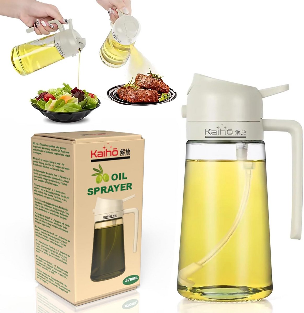 2-in-1 Olieverstuiver en Schenktuit (470 ml) van Glas – Met Handvat en Sproei-/Gietfunctie