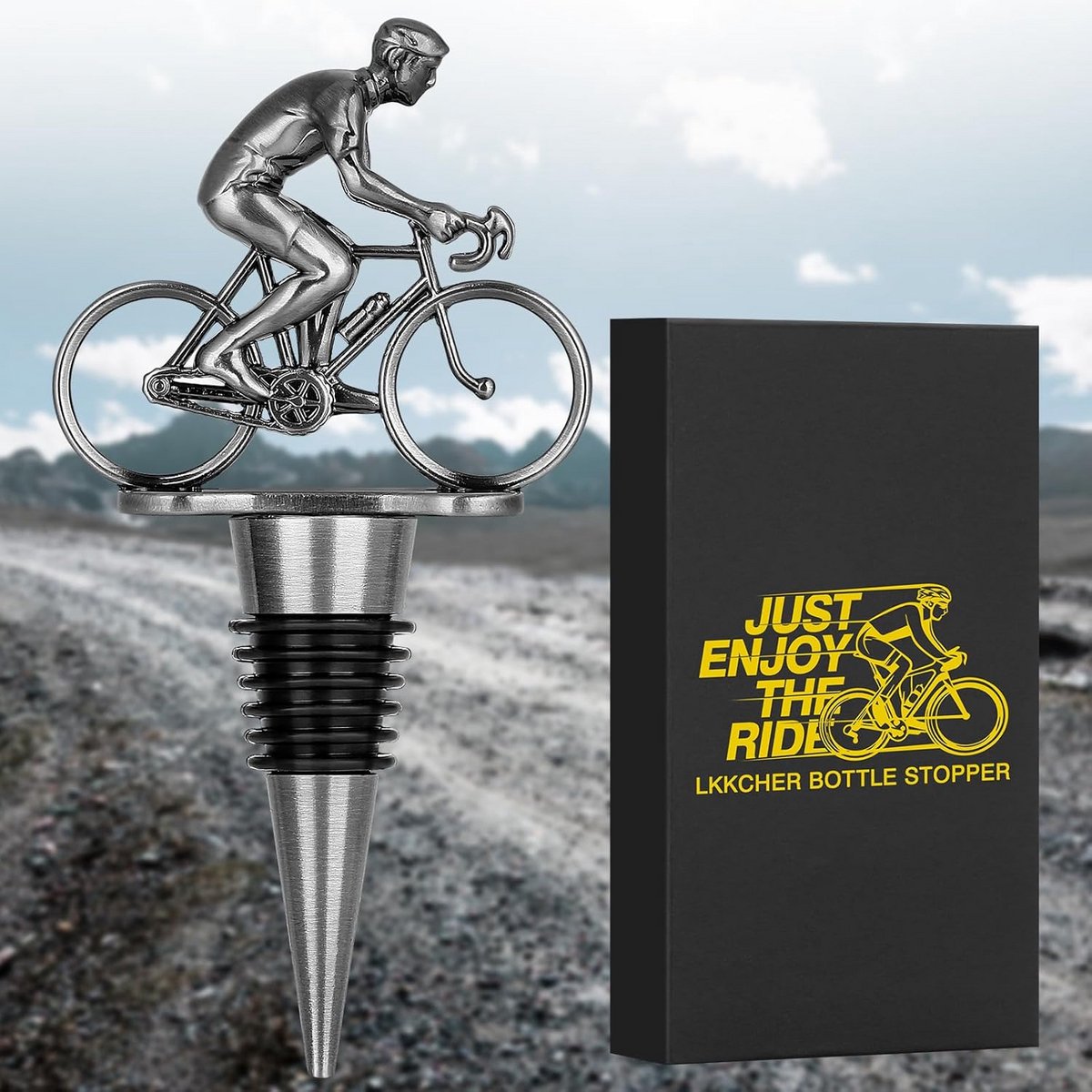 Wijnstopper Fiets Design Cadeau - Flessealer voor Wijn, Champagne & Prosecco - Donker Zilver