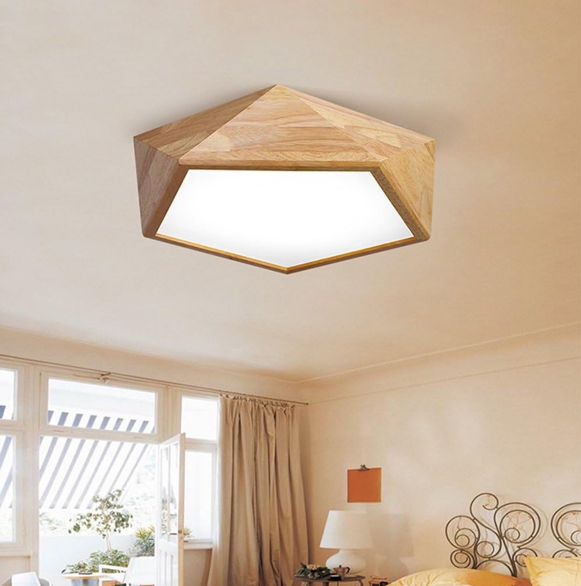 Hexagonale plafondlamp in massief eikenhout - neutraal wit licht 4000K