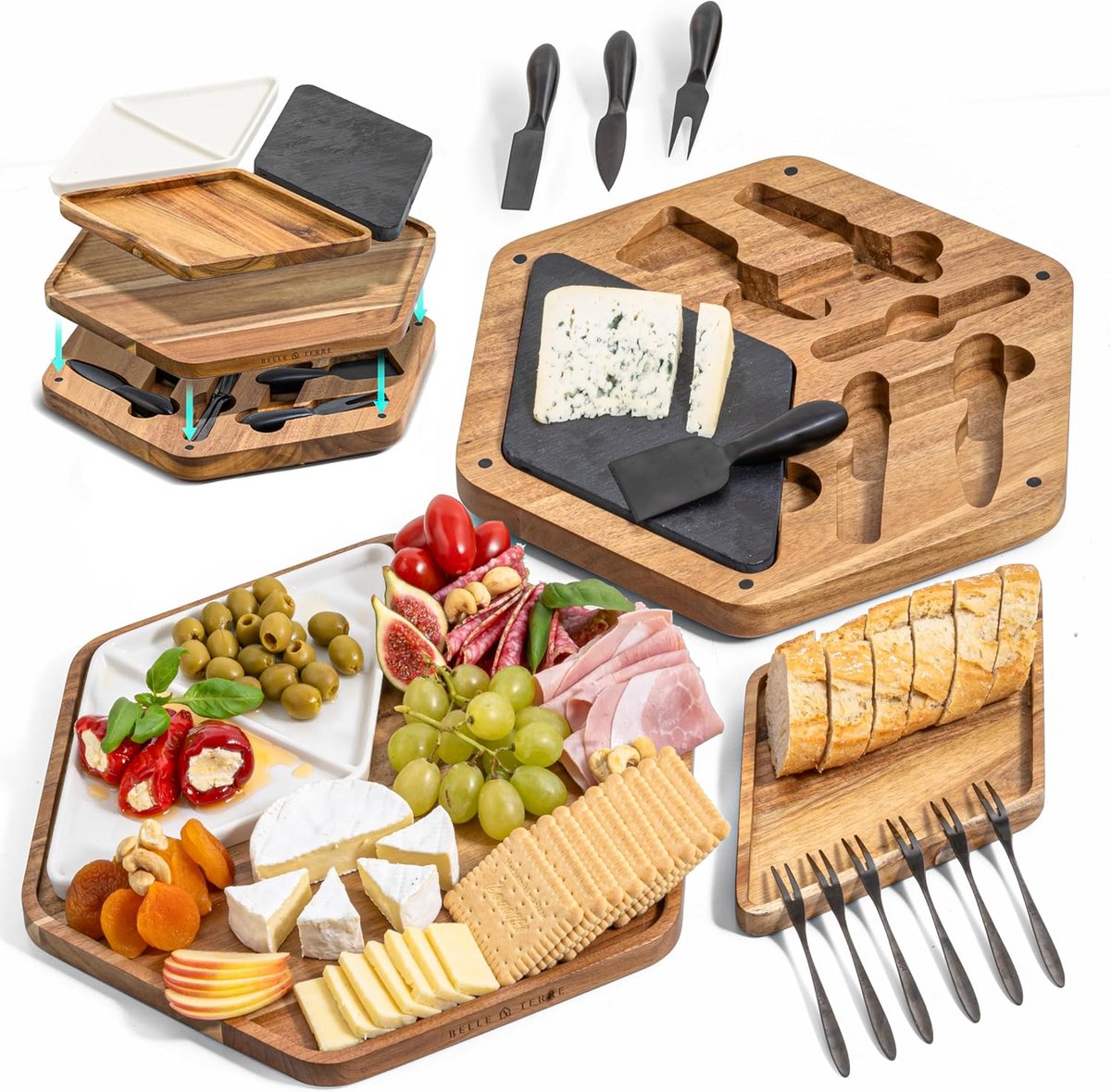 Houten Kaasplank Set met Bestek en Lade - Serveerplank voor Charcuterie en Borrelhapjes