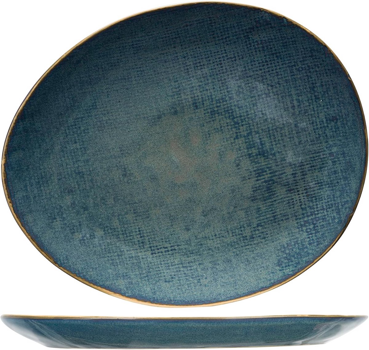 Ovale Dessertborden Set van 6 - Steengoed Blauw Bord met Denim Look - 19,5 cm