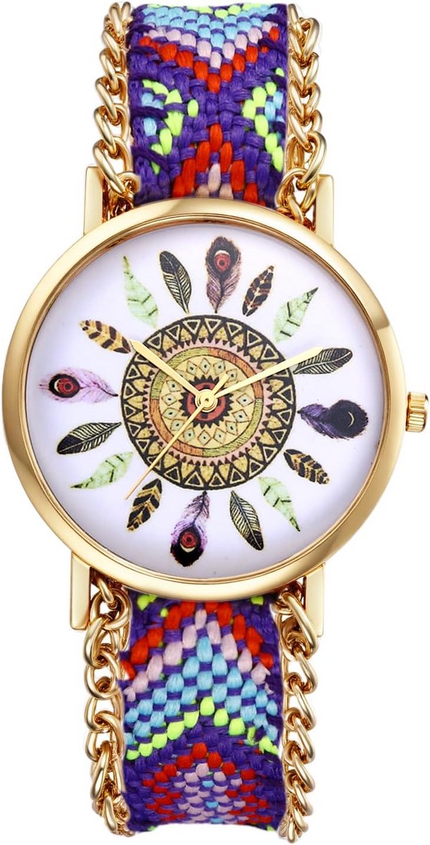 Dameshorloge met Geweven Regenboogarmband en Analoge Wijzerplaat