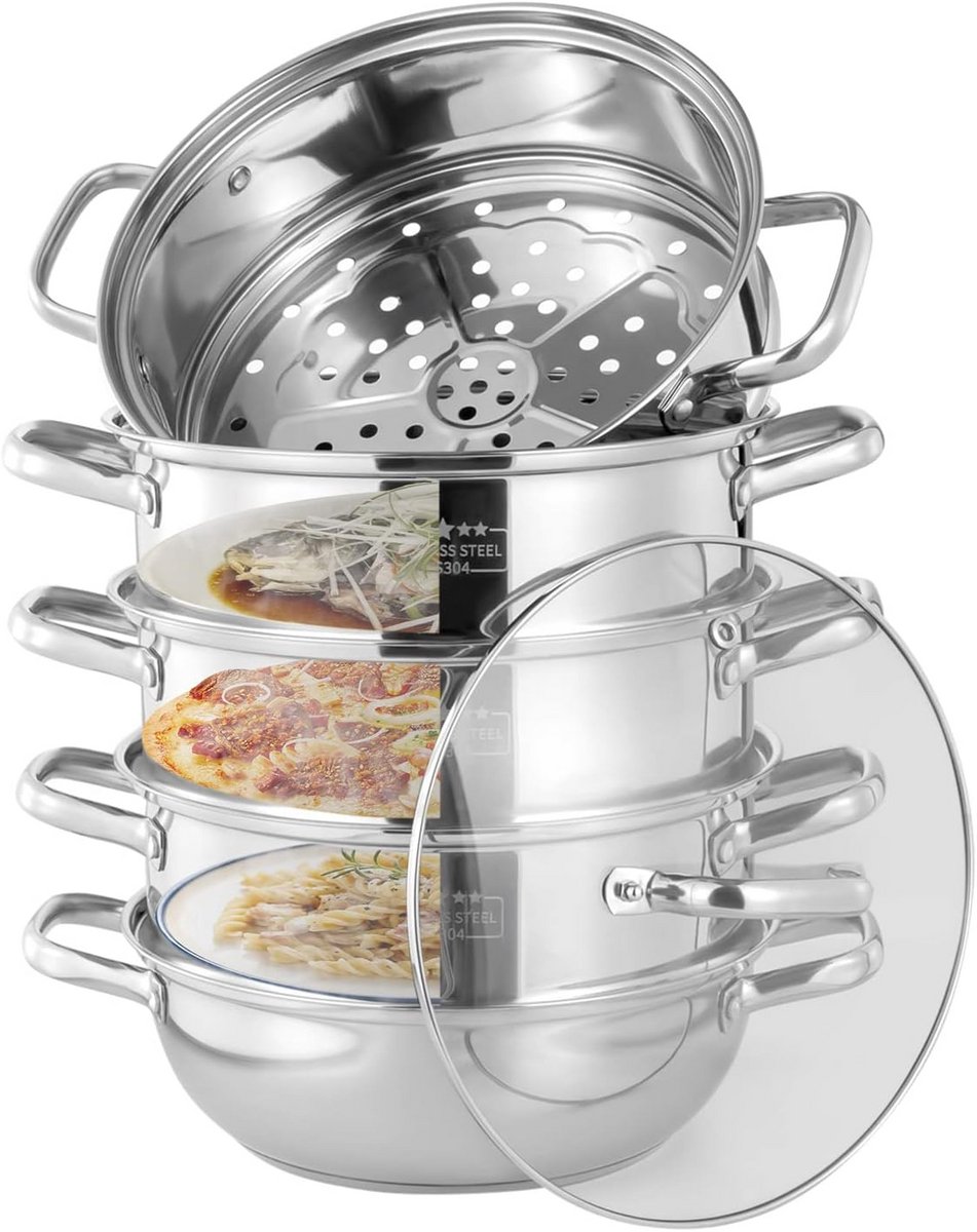 Vijflaags RVS Stoompan Inductie 28 cm met Glazen Deksel