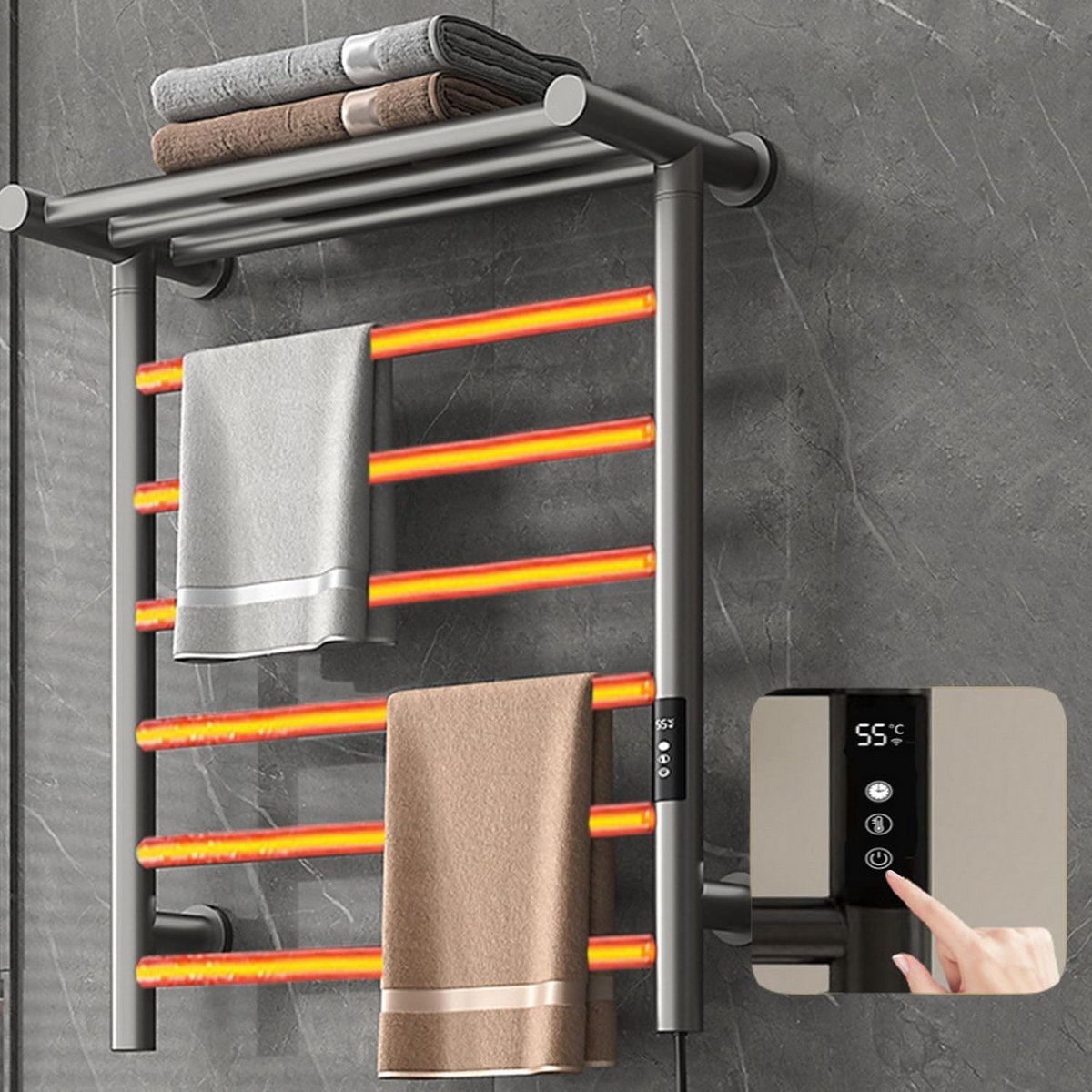 Elektrische Handdoekdroger met 6 Staven, Verwarmd Handdoekenrek met Opbergrek, 40-65℃ Instelbaar
