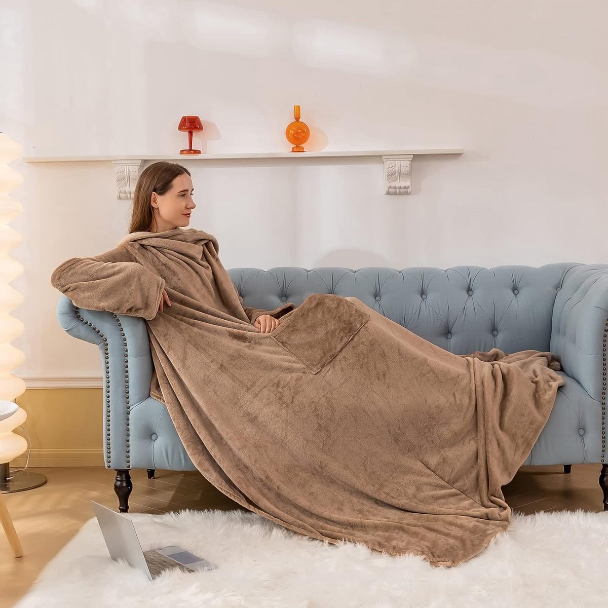 Draagbare Fleece Deken met Mouwen en Voetenzak - Warme Snuggle Plaid voor Bank en Bed