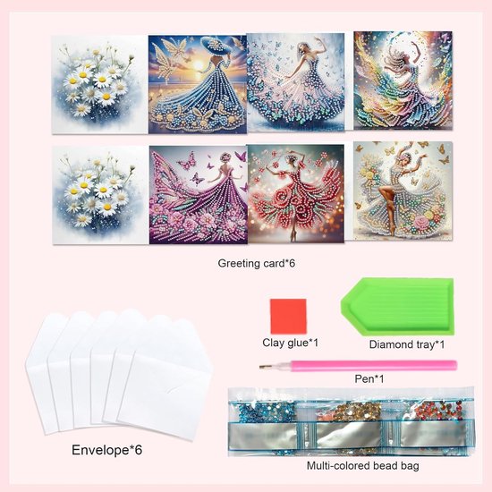 SHEGZHUC Set van 6 Diamond Painting wenskaarten, set van 6 bloemen in