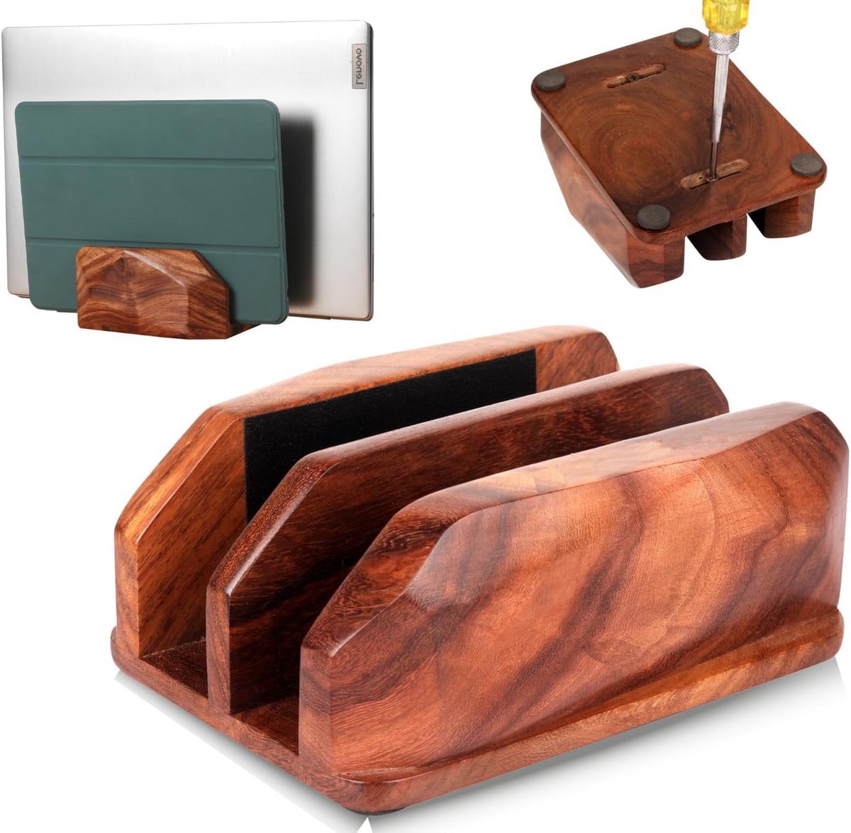 Verticale Houten Laptop Standaard Verstelbaar voor Desktop - Houdt Twee Apparaten Vast