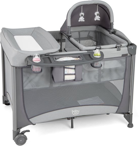 COSTWAY 5-in-1 babybed, mobiel, reisbed & box, luiertafel en wieg, opvouwbaar, 2 niveaus, kinderbed met speelgoed, matras, opbergmand, draagtas en wielen, belastbaar tot 15 kg, grijs