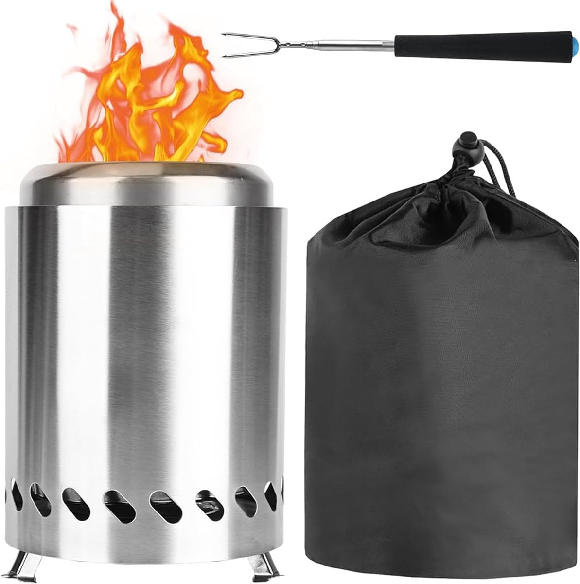 Allecto plus - Mini vuurschaal voor de tuin, roestvrij staal, tafelhaard voor buiten, opbergtas, BBQ, pellets, hout, 14 cm x 20 cm H, zilver