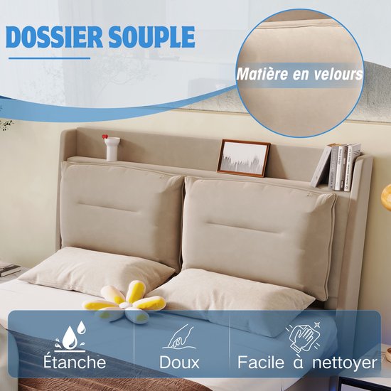 Lit rembourré OKWISH 140x190 cm – Lit double LED avec système de rangement hydraulique – Tiroirs – Velours – Beige