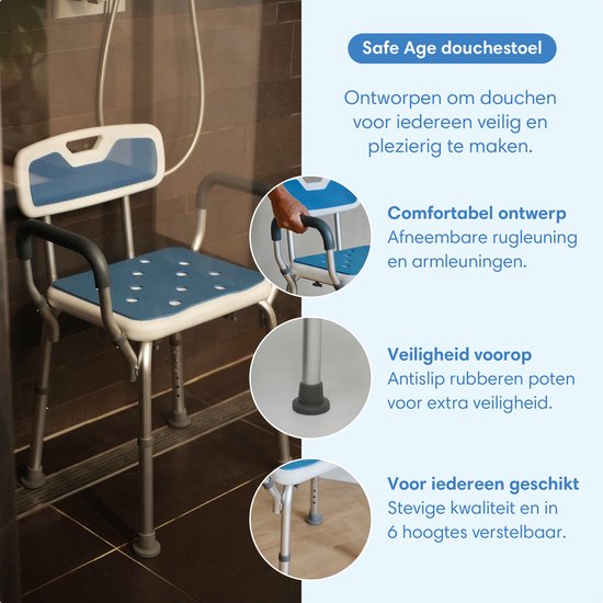 Safe Age® Douchestoel met afneembare rugleuning en armleuning – anti slip - verstelbare hoogte - douchekruk - badkamerstoel