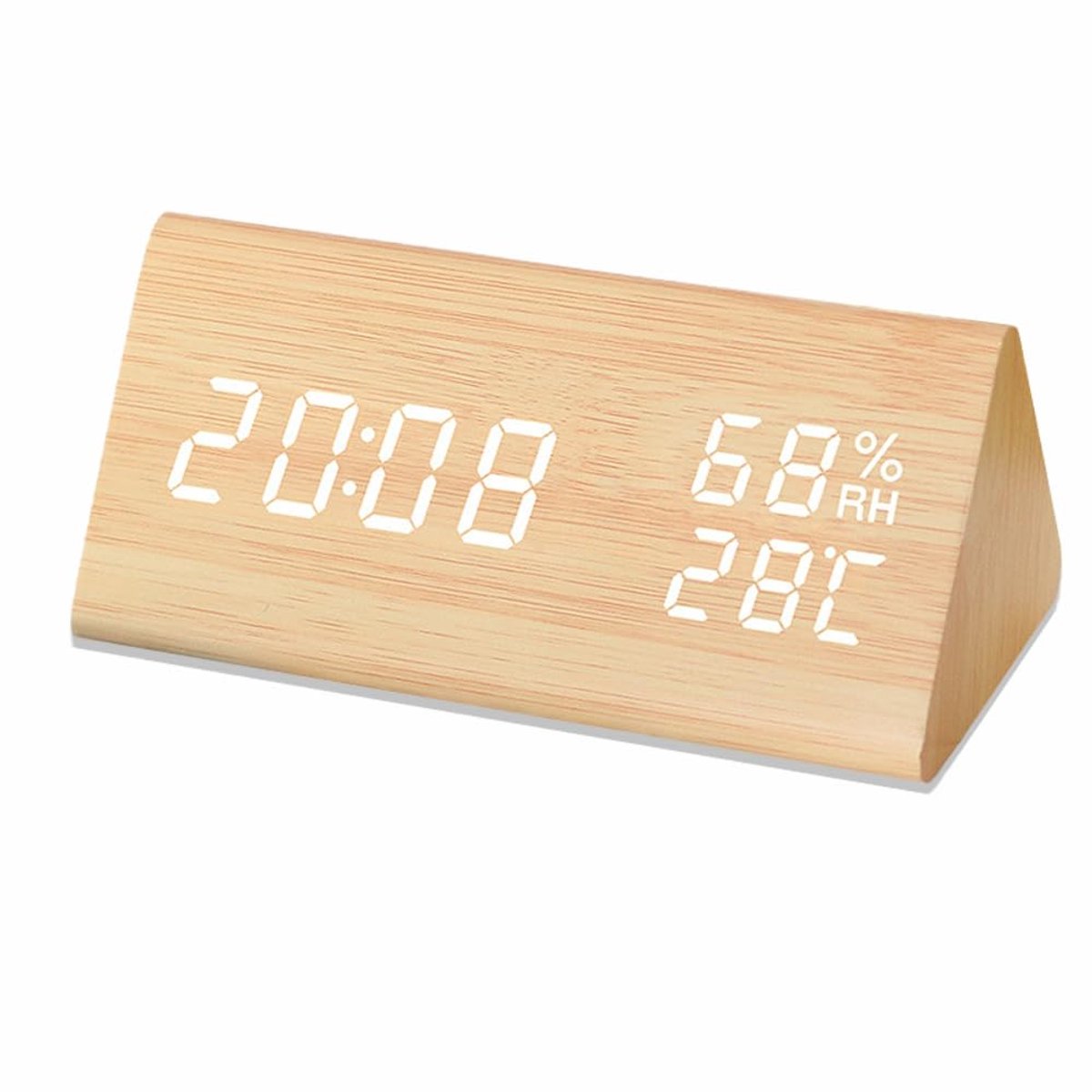 longziming -Houten Digitale Wekker met LCD – Temperatuur- & Vochtigheidsmeter, Geluidsactivatie & USB-Voeding – Stijlvol en Compact