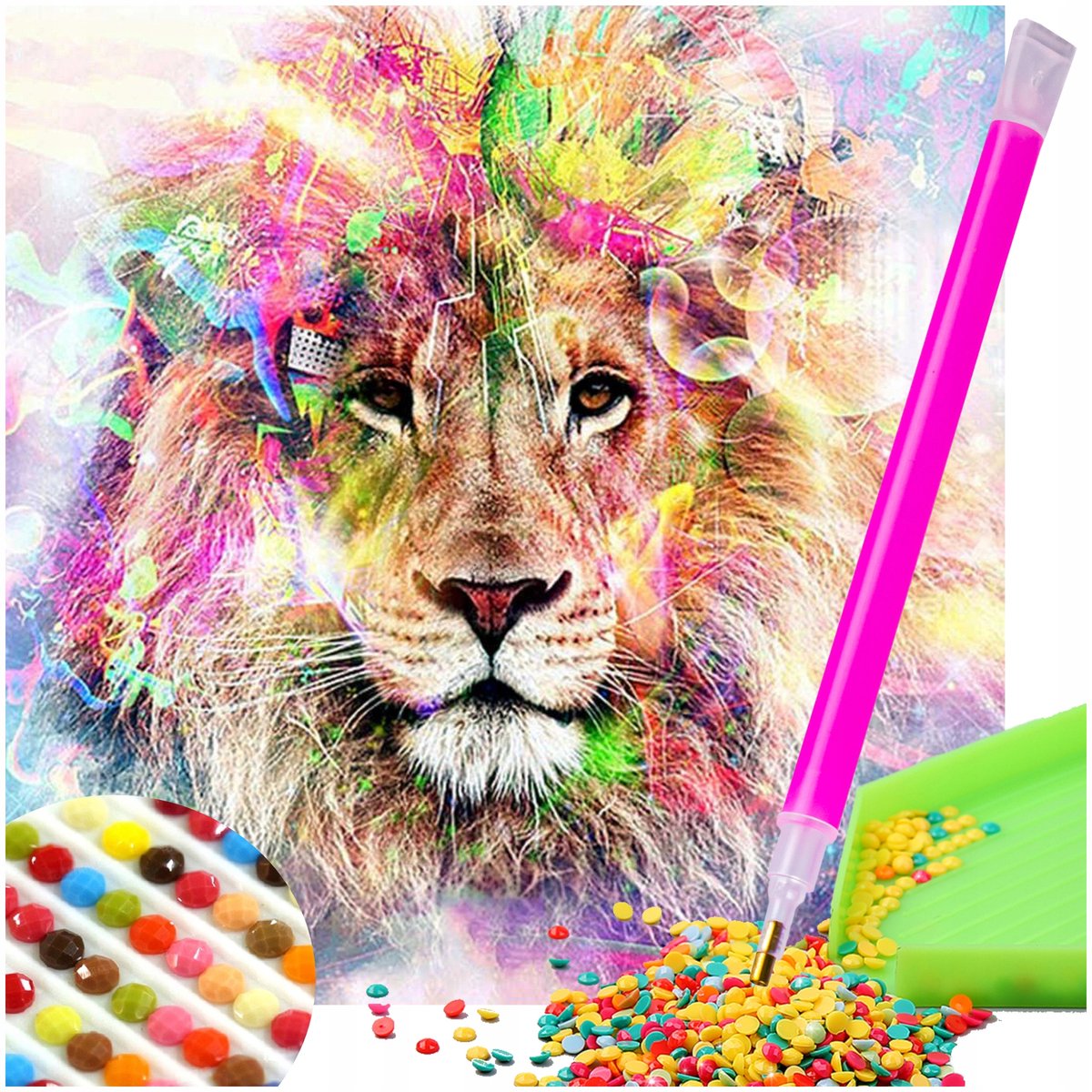 5D Diamond Painting Kit: Regenboog Leeuw 40x40cm