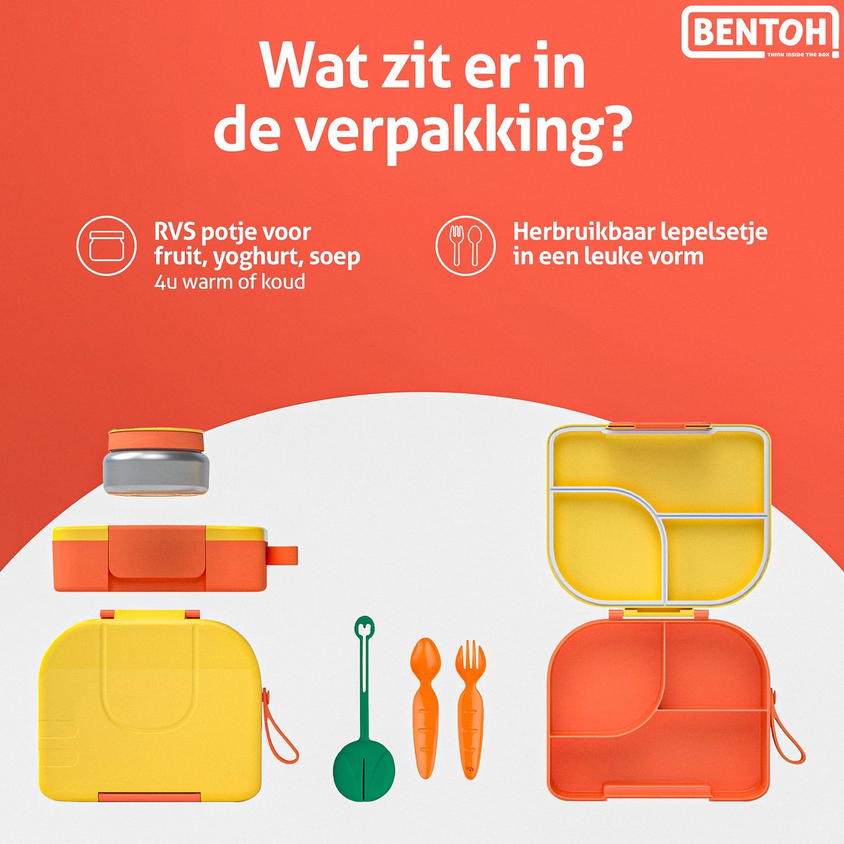 BentOH! Bento Box Kinderen & Volwassenen - Geel – Lekvrije Lunchbox met Vakverdeling – Magnetron- & Vaatwasserbestendig – Inclusief lepelset — afbeelding 4