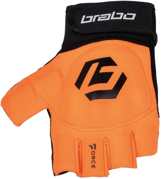 Gant de hockey de rue Brabo Force orange avec logo et bande noirs.