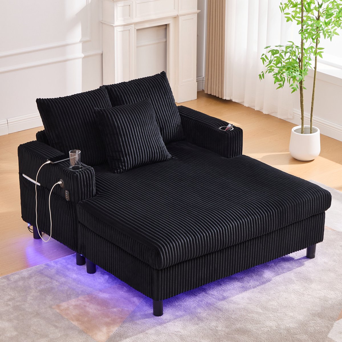 STILVORA Slaapbank - Lounge met LED-verlichting en USB - Multifunctioneel - Geschikt voor Woonkamer en Slaapkamer - 128x142x85 cm - Schuimstof - Zwart