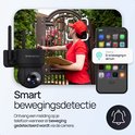 Zwarte Protectly beveiligingscamera buiten, detecteert beweging en stuurt meldingen naar een smartphone.